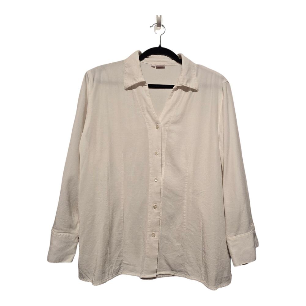 Tianello Suzy Blouse Womens LG White Button‎ Up Tencel Rayon USA Classic Preppy